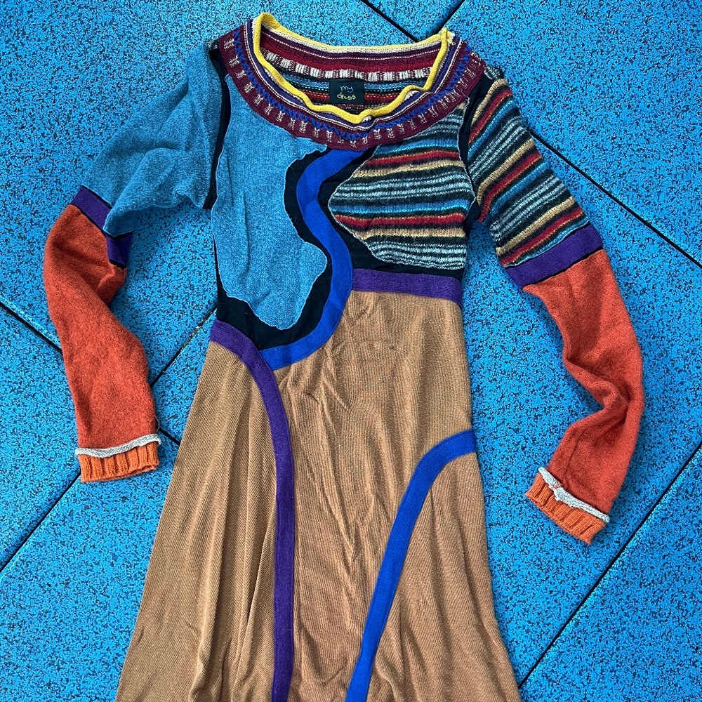 Wool dress patchwork with see through mesh inserts size M